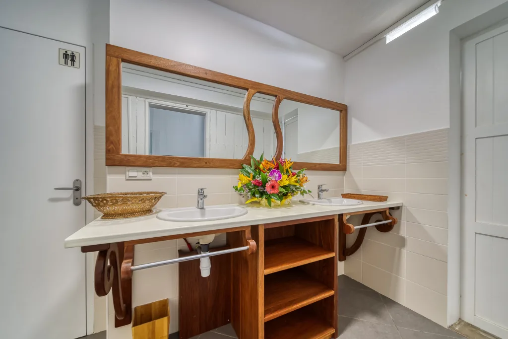 Salle de bains de la chambre Coralie avec vasque et miroir en bois