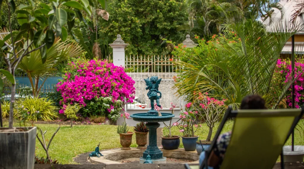 Fontaine du jardin et bougainvilliers
